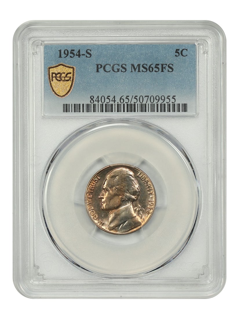 1954 San Francisco Jefferson Nickel PCGS MS65FS Five Cent Coin: 1954 San Francisco Jefferson Nickel PCGS MS65FS Five Cent Coin This is a 1954-S Jefferson Nickel graded MS65FS by PCGS. The coin is uncirculated and features a strong luster with attractive champagne
