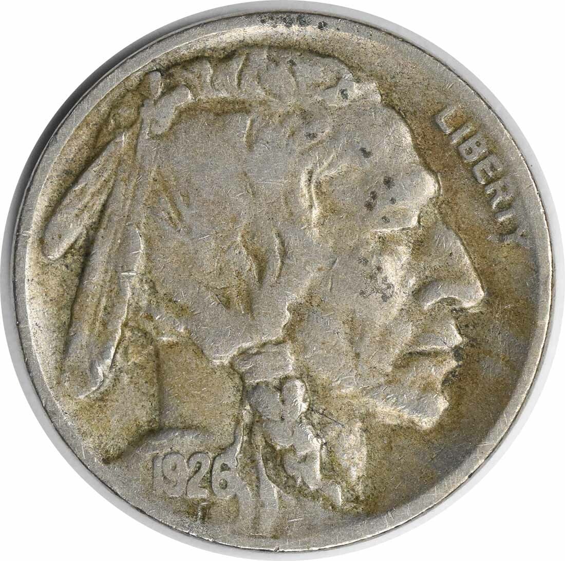 1926-S Buffalo Nickel VF Uncertified 5C Coin: 1926-S Buffalo Nickel VF Uncertified 5C Coin This 1926-S Buffalo Nickel, featuring the iconic Native American and buffalo designs, is a classic addition to any coin collection. It is in circulated con