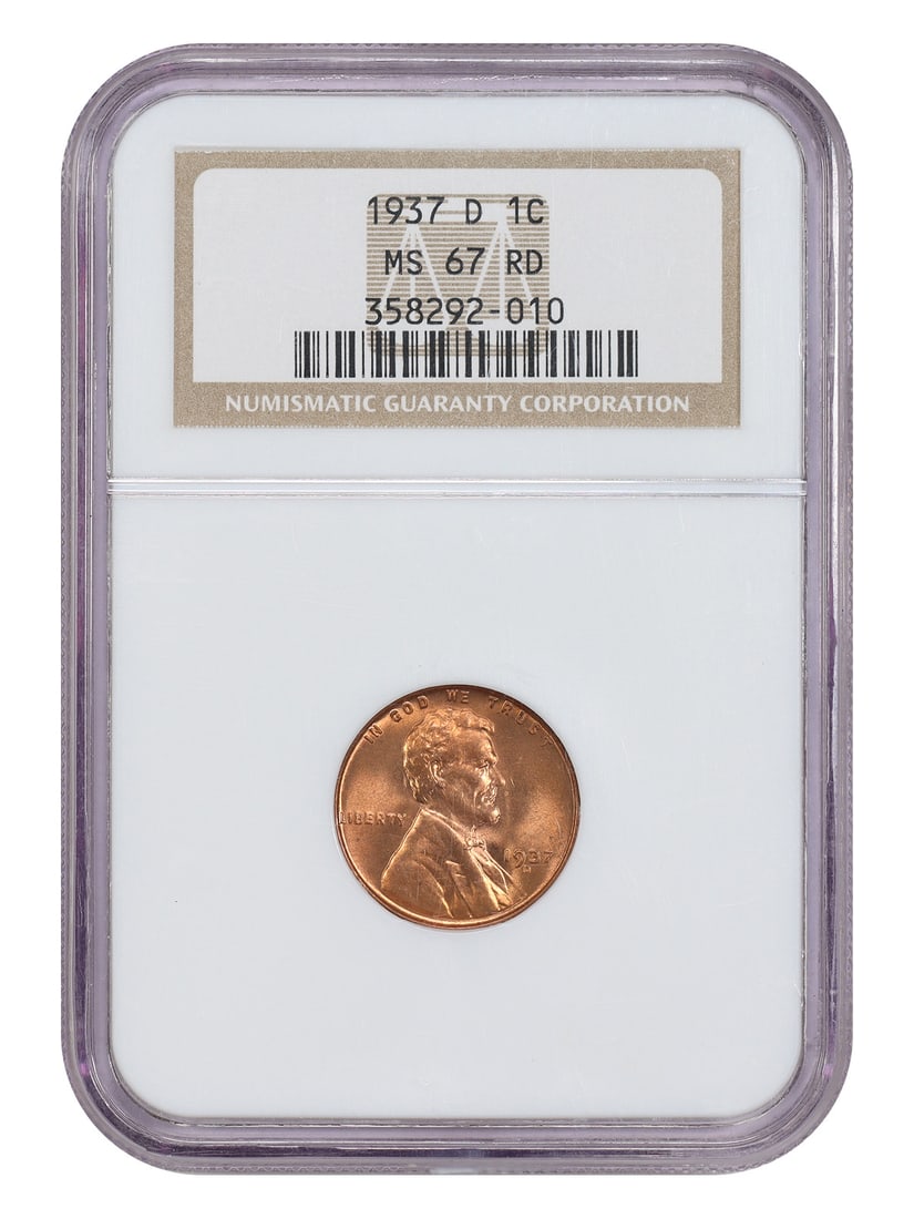 NGC MS67 Red 1937 Denver Lincoln Wheat Cent: NGC MS67 Red 1937 Denver Lincoln Wheat Cent This 1937-D Lincoln Cent features the Wheat Reverse design and has been certified by NGC with a grade of MS67RD. The coin is uncirculated and was minted in