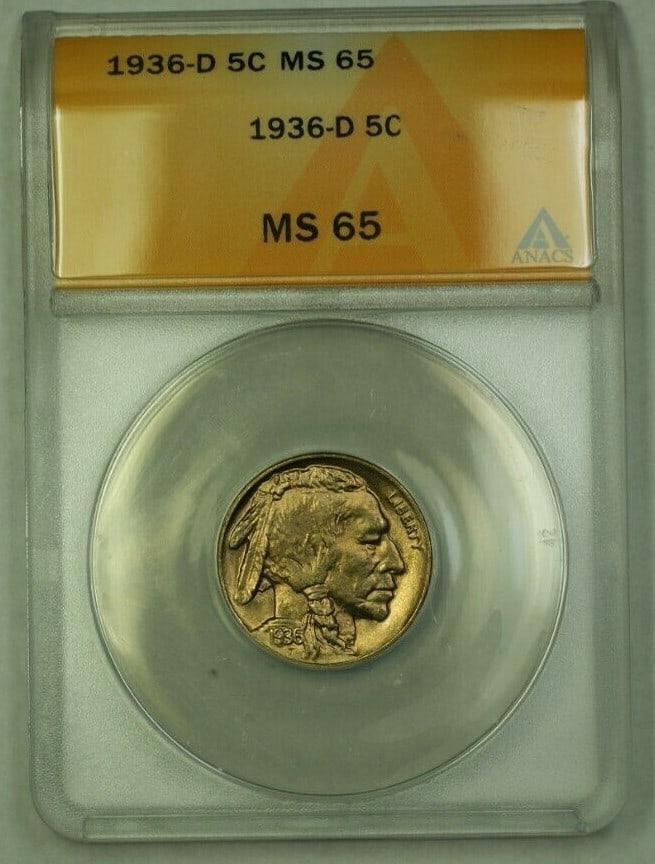 1936-D Buffalo Nickel 5c ANACS MS-65 Uncirculated Denver Mint: 1936-D Buffalo Nickel 5c ANACS MS-65 Uncirculated Denver Mint This 1936-D Buffalo Nickel, minted in Denver, showcases exceptional quality with a grade of MS 65, certified by ANACS. As an uncirculated