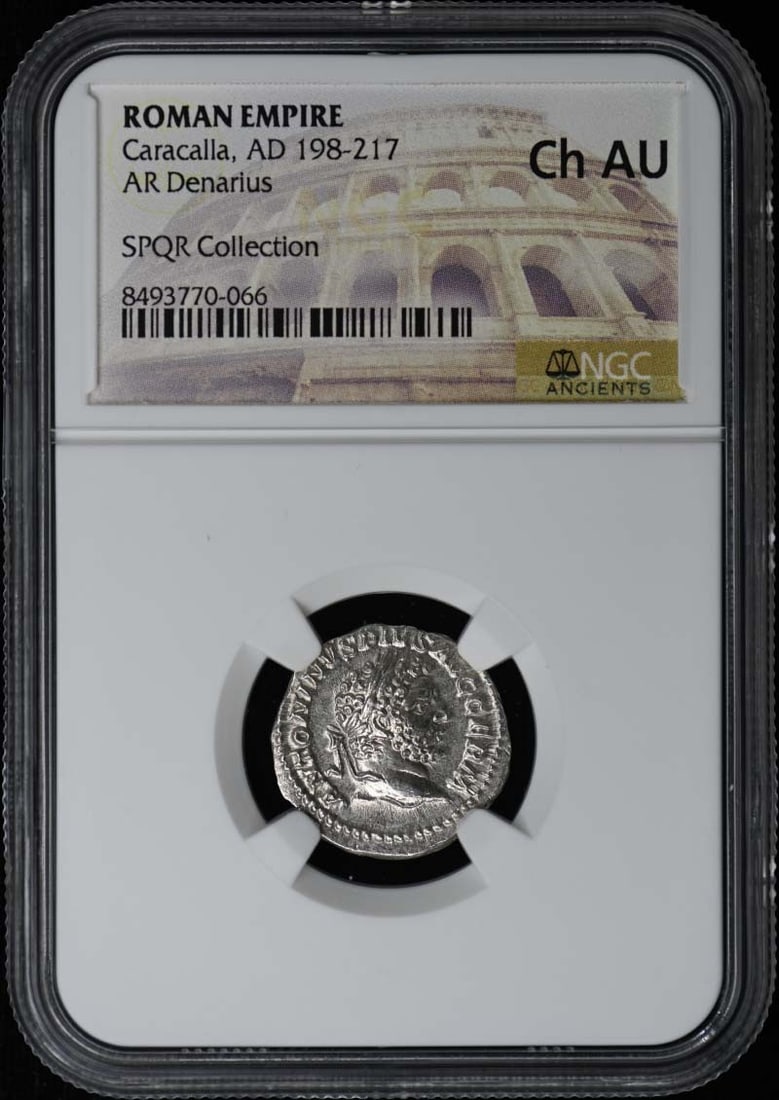 NGC AU55 Roman Empire Silver Denarius Caracalla Coin: NGC AU55 Roman Empire Silver Denarius Caracalla Coin This Roman Empire AR Denarius dates from the reign of Caracalla, AD 198-217. The coin has been certified by NGC and graded as About Uncirculated (A