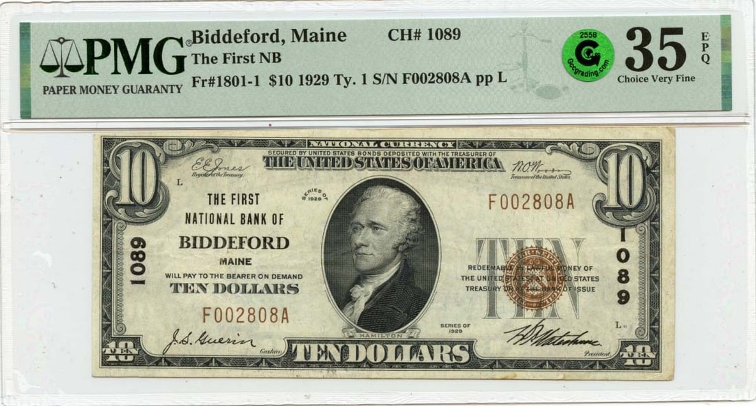1929 $10 First National Bank Biddeford ME PMG VF35 CH#1089: 1929 $10 First National Bank Biddeford ME PMG VF35 CH#1089 This is a 1929 $10 First National Bank note from Biddeford, Maine, designated as CH#1089. It has been certified by PMG with a grade of VF35,