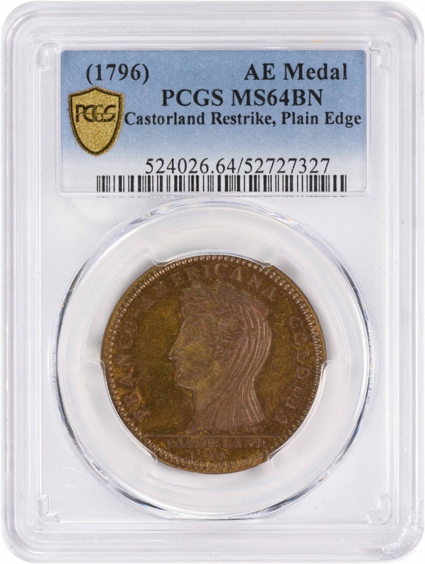 1796 Castorland AE Medal Copper Plain Edge MS64BN PCGS Certified: 1796 Castorland AE Medal Copper Plain Edge MS64BN PCGS Certified This 1796 AE Medal from Castorland is a remarkable collectible piece, showcasing a plain edge and a grade of MS64BN certified by PCGS.