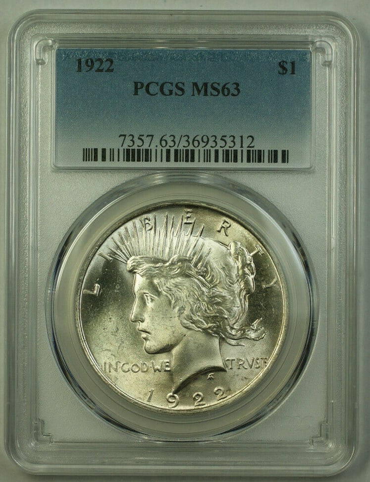 1922 Peace Dollar Silver $1 PCGS MS63 Philadelphia Mint Uncirculated: 1922 Peace Dollar Silver $1 PCGS MS63 Philadelphia Mint Uncirculated This is a 1922 Peace Silver Dollar coin from the United States, certified by PCGS with a grade of MS-63. Minted in Philadelphia, th