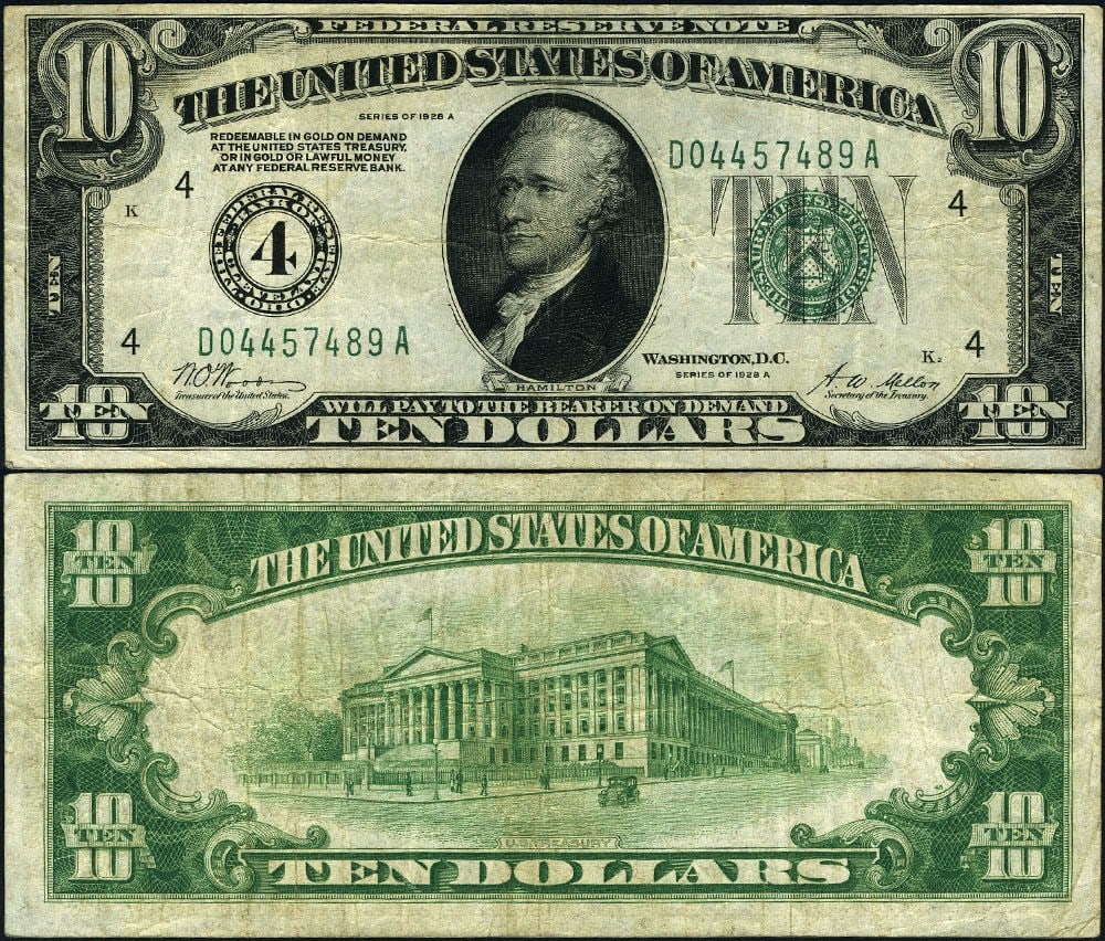 1928-A $10 Federal Reserve Note Cleveland D-A Block Circulated VF (1 of 3)