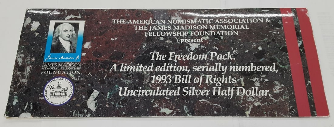 Uncirculated 1993 Bill of Rights Silver Half Dollar Serial Numbered in Folder: Uncirculated 1993 Bill of Rights Silver Half Dollar Serial Numbered in Folder This is a 1993-W Limited Edition Bill of Rights uncirculated silver half dollar, serially numbered and minted at West Poin