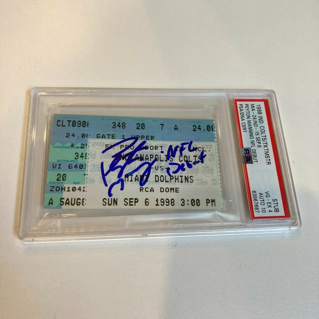 Peyton Manning Signed NFL Debut Ticket Sep 6 1998 PSA DNA Pop 3: Peyton Manning Signed NFL Debut Ticket Sep 6 1998 PSA DNA Pop 3 Celebrate the remarkable debut of Peyton Manning with this original ticket from his first NFL game on September 6, 1998. This rare colle