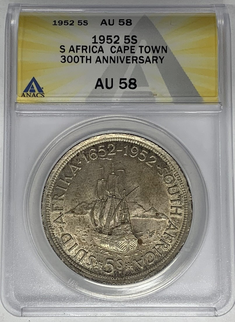 South Africa 1952 Silver 5 Shilling Coin ANACS AU 58 Certified: South Africa 1952 Silver 5 Shilling Coin ANACS AU 58 Certified This 1952 South Africa 5 Shilling coin is certified by ANACS with a grade of AU 58. The coin is composed of silver and is in pre-owned co