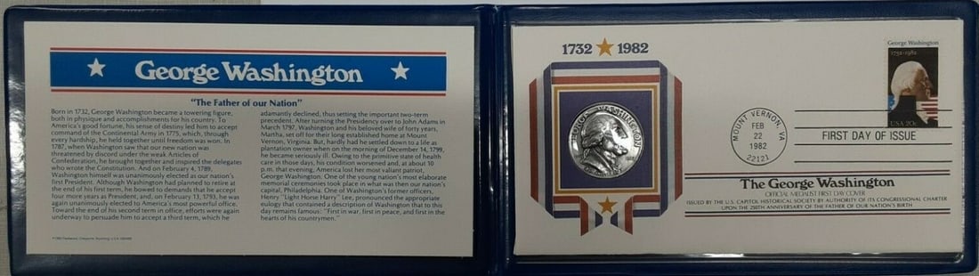 Bronze George Washington 250th Anniversary Medal and Stamp FDC Set in Presentation Folder: Bronze George Washington 250th Anniversary Medal and Stamp FDC Set in Presentation Folder This collectible set commemorates the 250th anniversary of George Washington's birth and includes a silver-pla