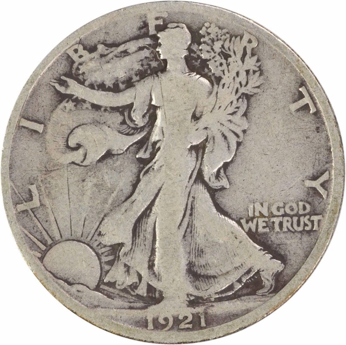 1921 Denver Walking Liberty Half Dollar VG 90 Percent Silver Uncertified Coin: 1921 Denver Walking Liberty Half Dollar VG 90 Percent Silver Uncertified Coin This 1921-D Walking Liberty Half Dollar is a circulated coin from the Denver Mint. Designed by Adolph Alexander Weinman, i