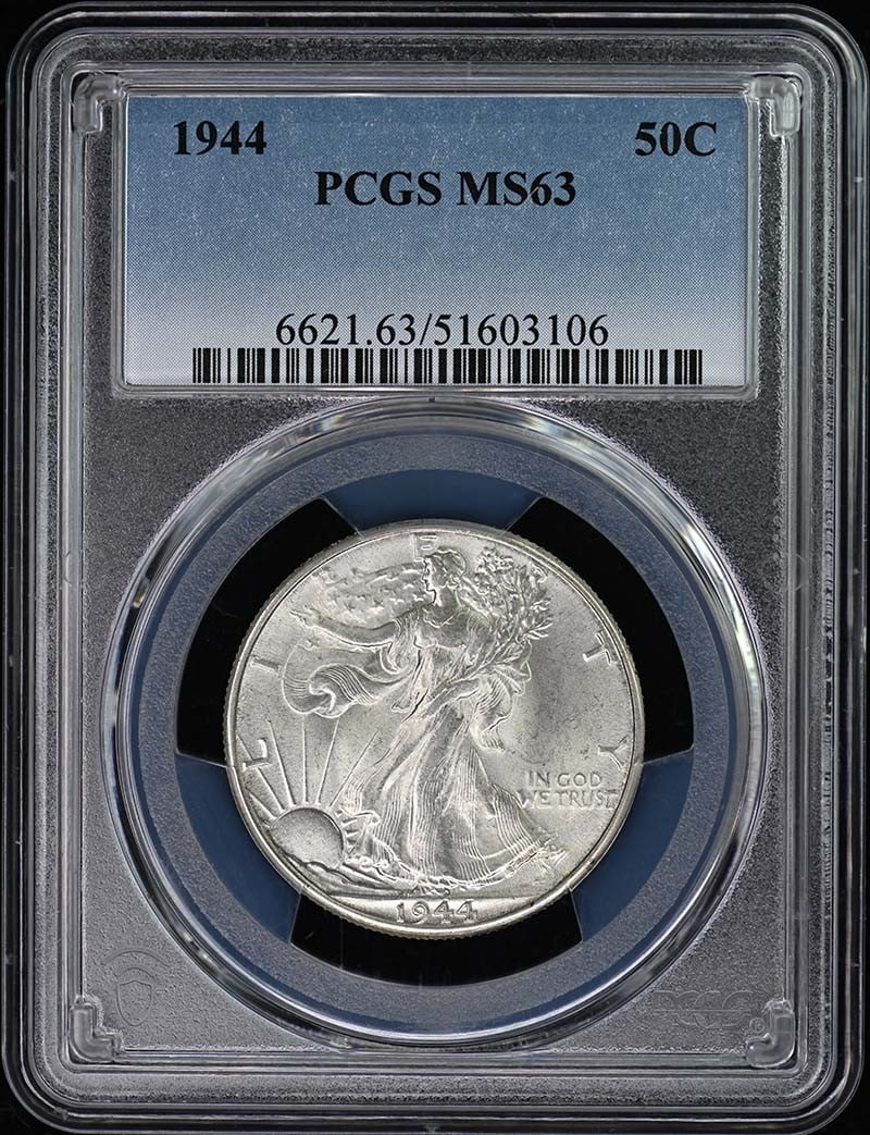 1944 Walking Liberty Half Dollar PCGS MS63 Uncirculated Coin: 1944 Walking Liberty Half Dollar PCGS MS63 Uncirculated Coin This 1944 Walking Liberty Half Dollar, certified by PCGS with a grade of MS63, is an uncirculated coin from the Philadelphia mint. The coin