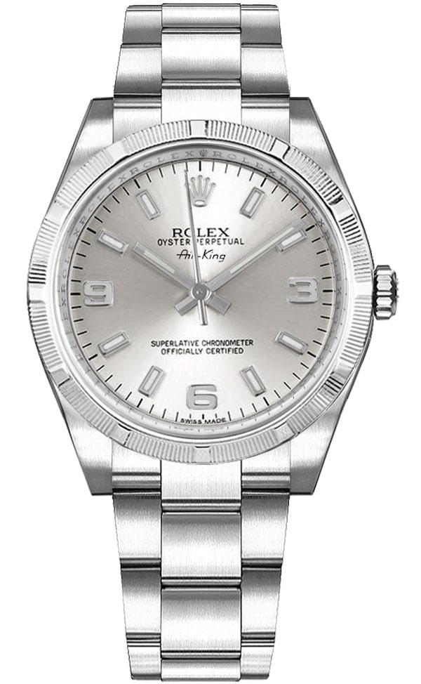 Rolex Ref 114210 Air-King Oyster Bracelet Silver Dial 2008 with Card: Rolex Ref 114210 Air-King Oyster Bracelet Silver Dial 2008 with Card Rolex Air-King wristwatch featuring a silver dial and an engine-turned bezel. This model, reference number 114210, is part of the A