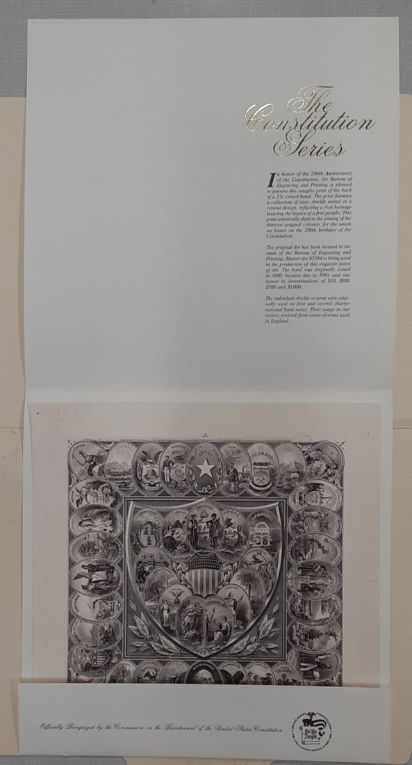State Shields Brown Vignette Souvenir Card Constitution Bicentennial B 109: State Shields Brown Vignette Souvenir Card Constitution Bicentennial B 109 This BEP souvenir card was issued in 1987 to commemorate the 200th Anniversary of the U.S. Constitution. It features a proof