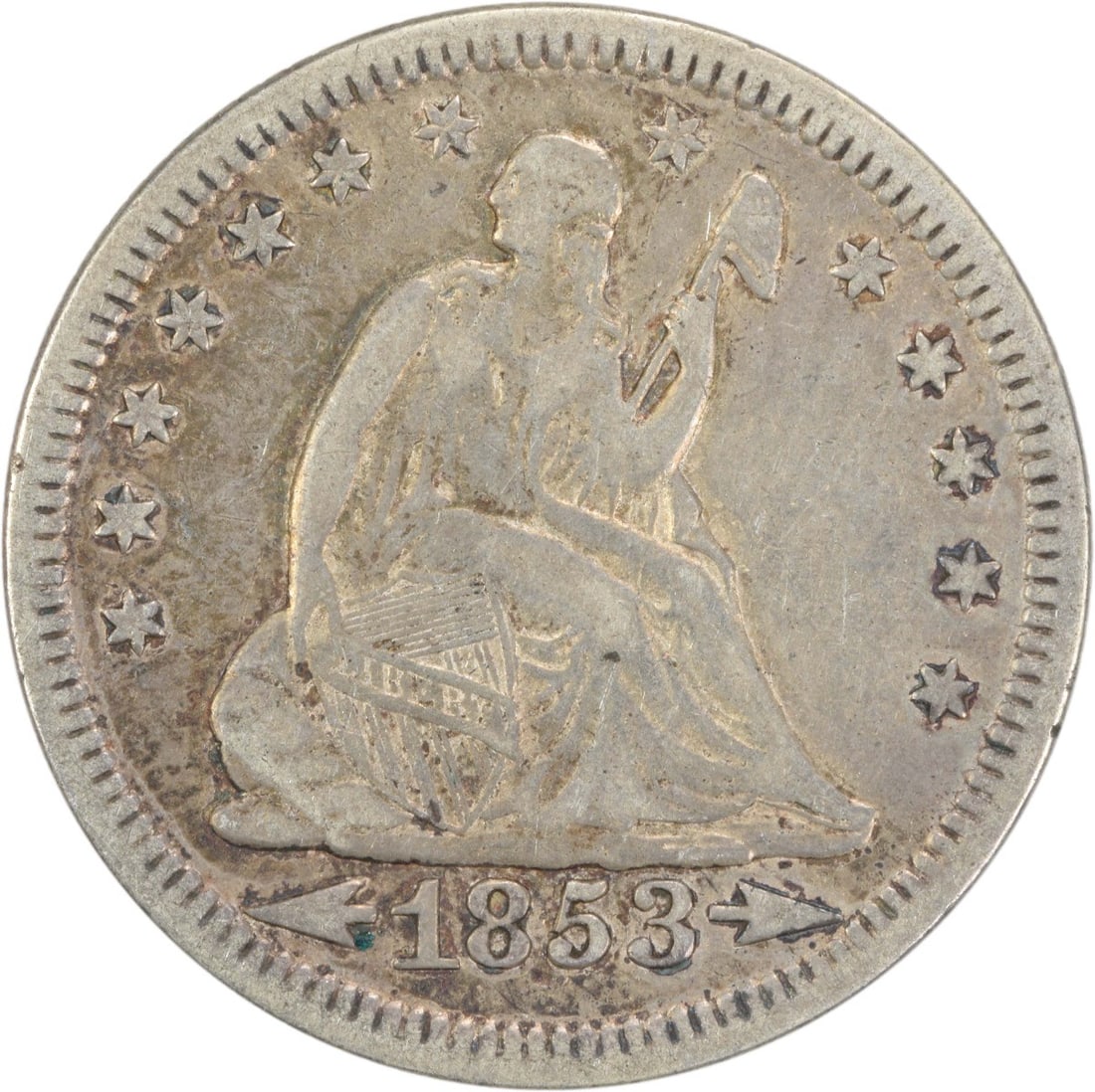 1853 Liberty Seated Silver Quarter 25C VF Circulated Uncertified: 1853 Liberty Seated Silver Quarter 25C VF Circulated Uncertified This 1853 Liberty Seated Silver Quarter features the classic design by Robert Ball Hughes and Christian Gobrecht, showcasing the iconic