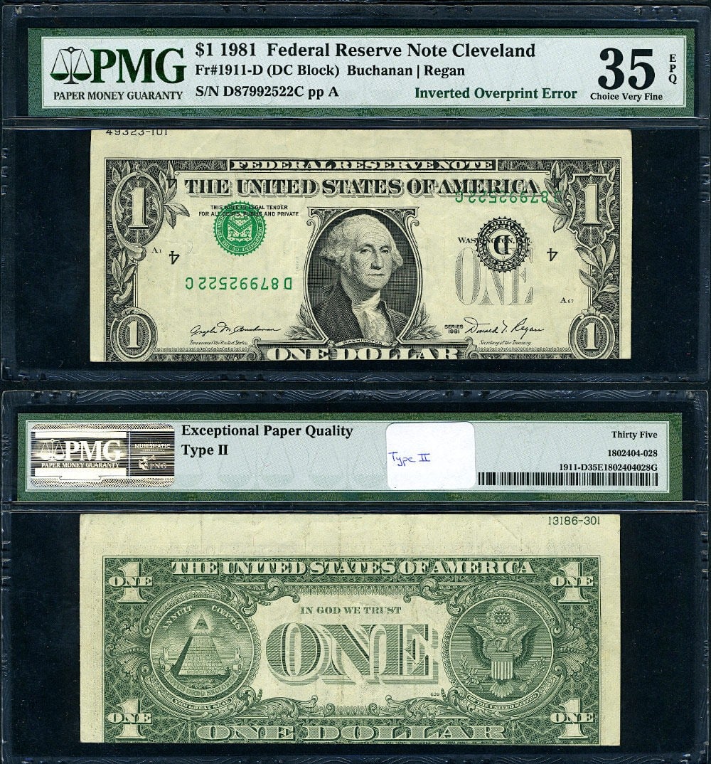 1981 FR. 1911 D $1 Federal Reserve Inverted Overprint ERROR PMG CH VF35 (1 of 3)
