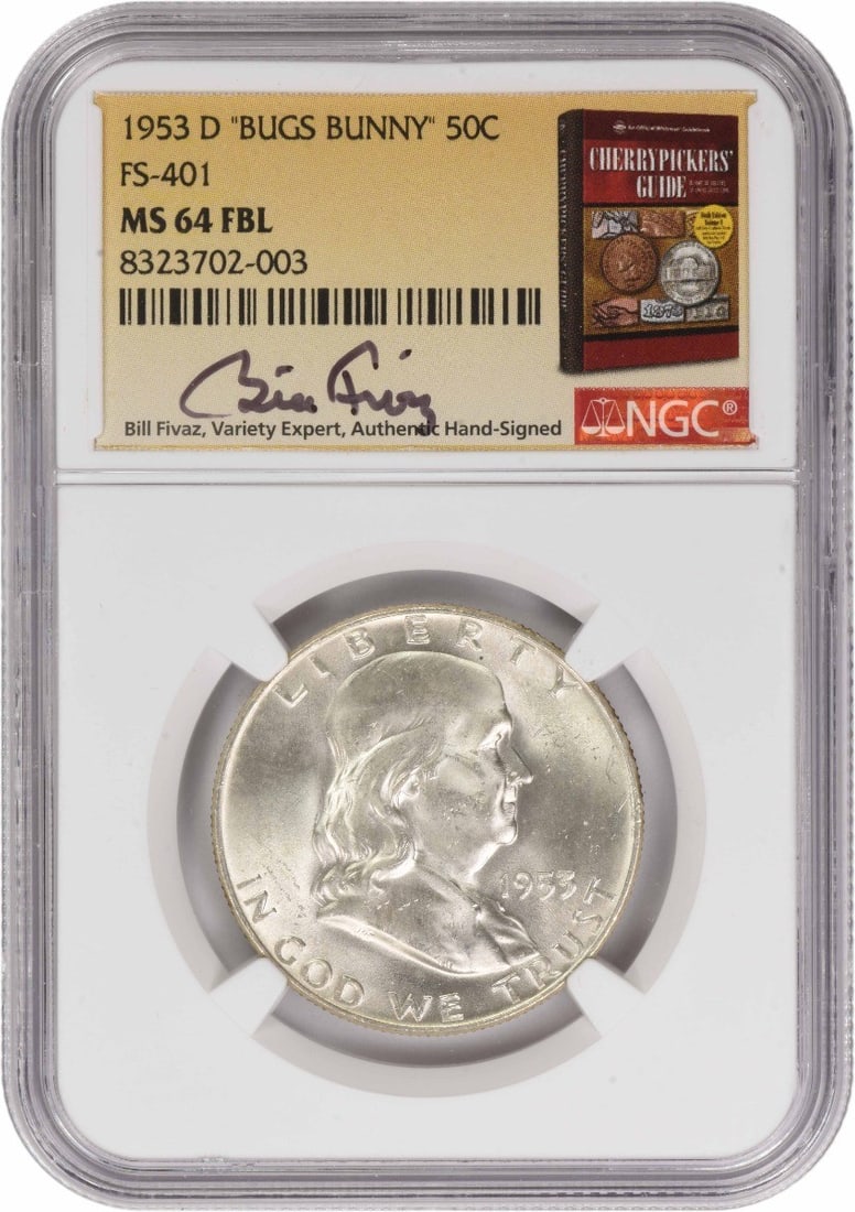 NGC MS64FBL 1953-D Franklin Half Dollar FS-401 Bugs Bunny Variety: NGC MS64FBL 1953-D Franklin Half Dollar FS-401 Bugs Bunny Variety This 1953-D Franklin Half Dollar is a Bugs Bunny FS-401 variety, certified by NGC with a grade of MS64FBL. The coin is uncirculated an