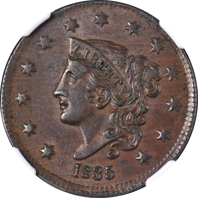 1835 Large Cent NGC AU58 BN R.2 Strong Strike Copper Coin (1 of 4)