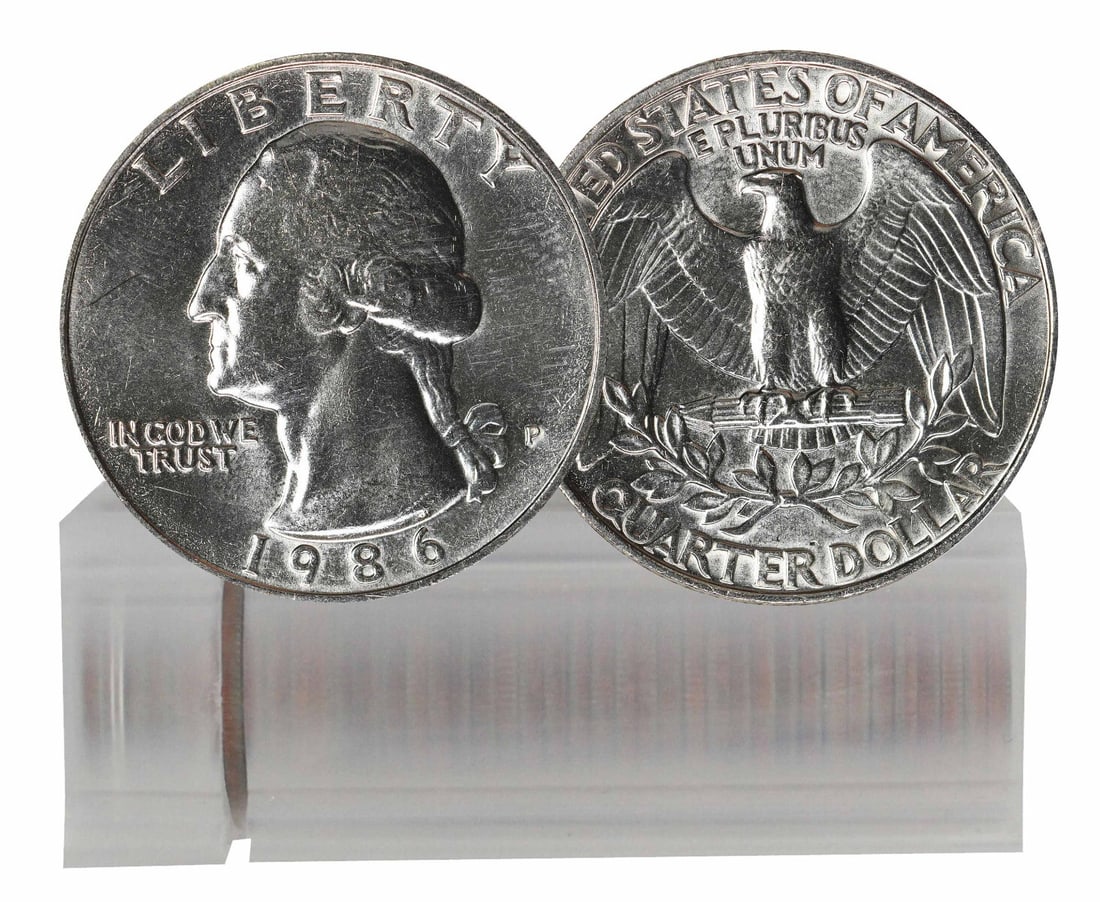 1986-P Uncirculated Washington Quarter 40-Coin Roll: 1986-P Uncirculated Washington Quarter 40-Coin Roll This 1986-P BU Washington Quarter roll contains 40 uncirculated coins, featuring the iconic Washington design. These coins are composed of clad mate