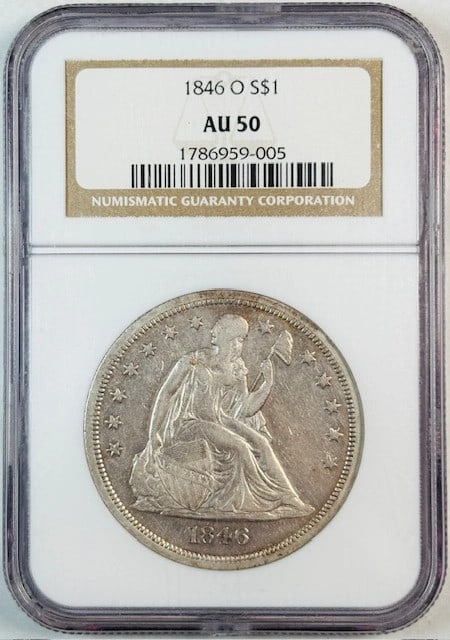 NGC AU-50 1846 O Seated Liberty Silver Dollar New Orleans Mint (1 of 2)
