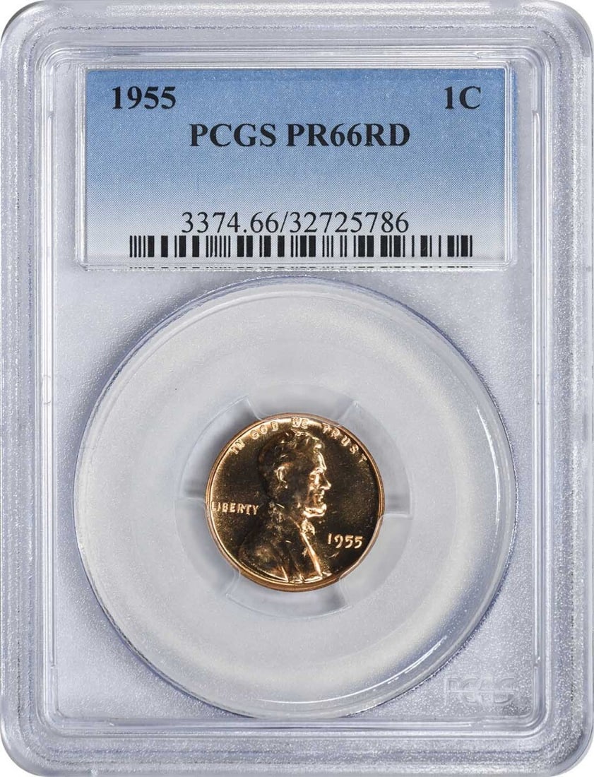 1955 Lincoln Cent DDR 7-R-II PRF66RED PCGS Uncirculated: 1955 Lincoln Cent DDR 7-R-II PRF66RED PCGS Uncirculated This 1955 Lincoln Cent is a remarkable example of a Double Die Reverse (DDR) with a PRF66RED grade, certified by PCGS. It features a stunning pr
