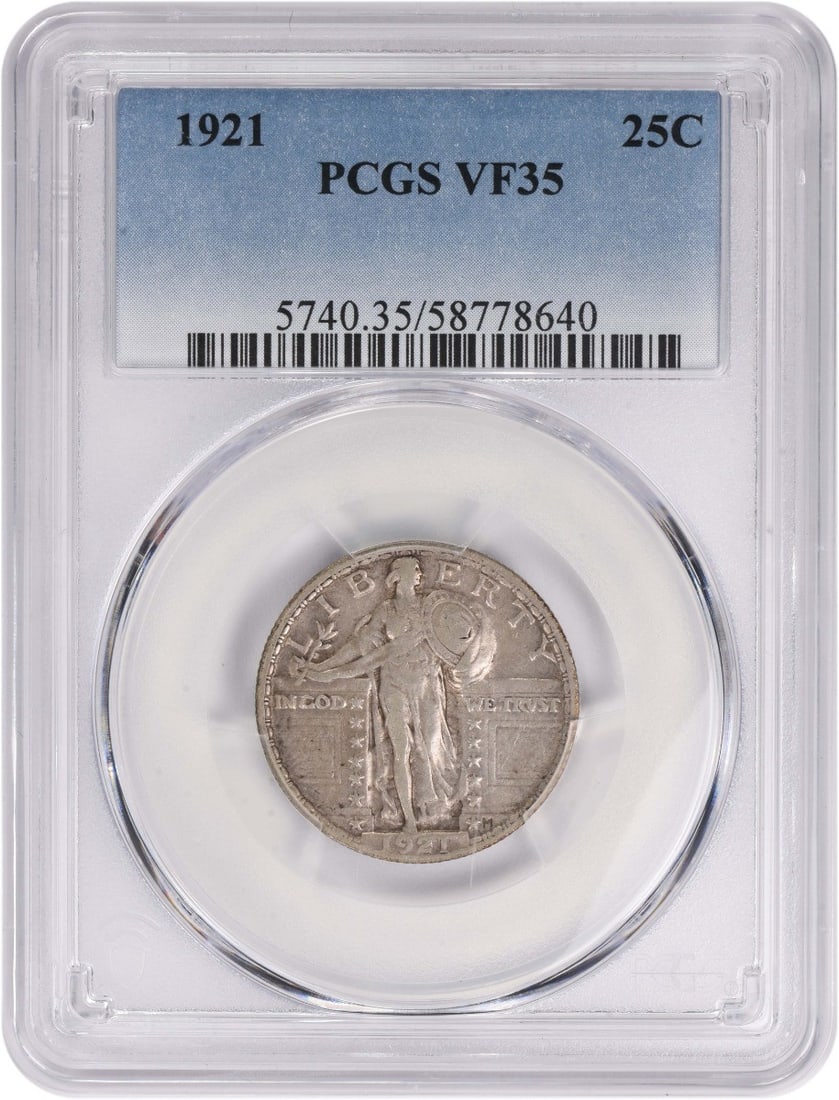 1921 Standing Liberty 25C Silver Coin VF35 Graded by PCGS: 1921 Standing Liberty 25C Silver Coin VF35 Graded by PCGS This is a 1921 Standing Liberty Silver Quarter, graded VF35 by PCGS. The coin was minted in Philadelphia and features the design by Hermon A.