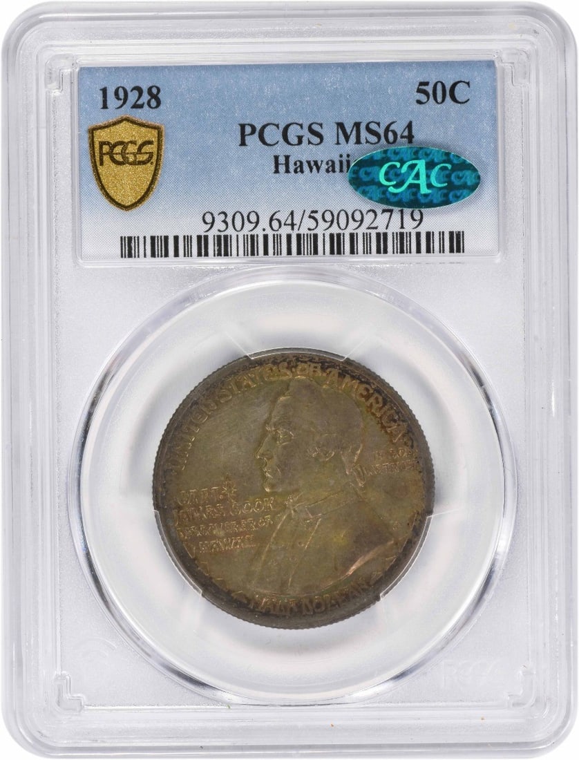 1928 Hawaii Silver Half Dollar MS64 PCGS CAC Certified Commemorative Coin: 1928 Hawaii Silver Half Dollar MS64 PCGS CAC Certified Commemorative Coin This Hawaii Commemorative Silver Half Dollar from 1928 is graded MS64 by PCGS and also certified by CAC. Struck at the Philade