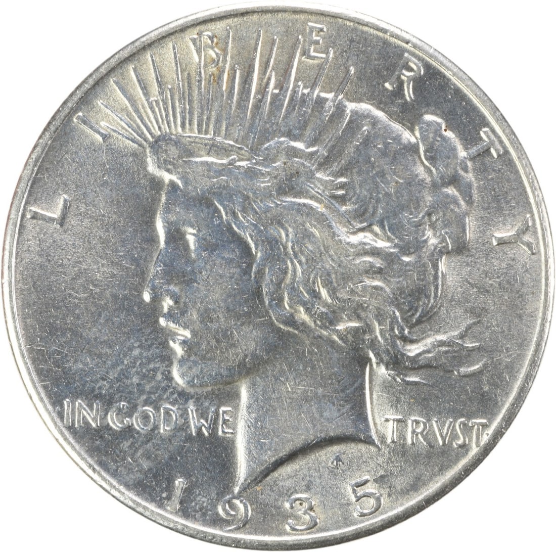 1935 Peace Dollar AU Grade Philadelphia Uncertified Silver Coin: 1935 Peace Dollar AU Grade Philadelphia Uncertified Silver Coin This 1935 Peace Silver Dollar is an uncertified coin from the Philadelphia Mint. Struck with a composition of 90% silver and 10% copper,