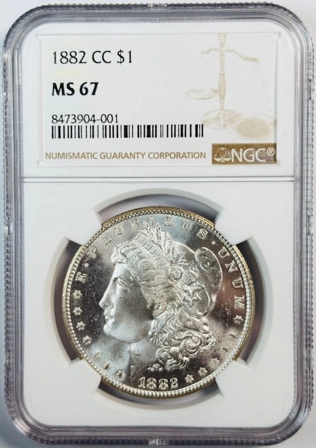 NGC MS67 1882 Carson City Morgan Dollar Semi Prooflike Silver Coin: NGC MS67 1882 Carson City Morgan Dollar Semi Prooflike Silver Coin This 1882 Carson City Morgan Silver Dollar has been certified by NGC with a high grade of MS-67 and features a semi-prooflike appeara
