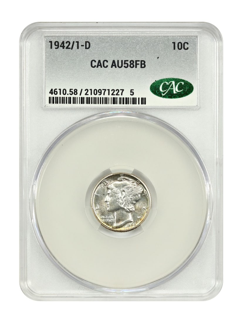 CACG AU58FB 1942 Over 1 Denver Mercury Dime 10C Key Date: CACG AU58FB 1942 Over 1 Denver Mercury Dime 10C Key Date This 1942/1-D Mercury Dime is a circulated example graded AU58FB by CACG, featuring choice original color and nearly full mint luster. The
