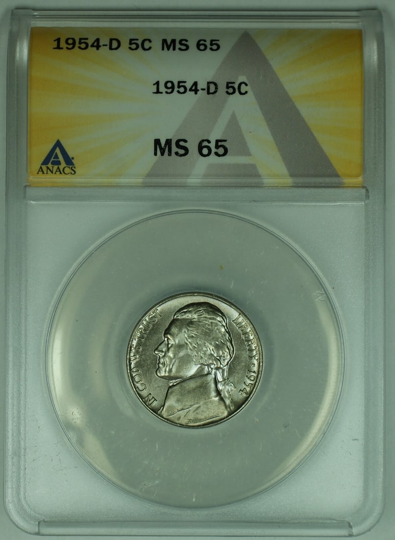 ANACS MS 65 1954-D Jefferson Nickel Five Cent Uncirculated Coin: ANACS MS 65 1954-D Jefferson Nickel Five Cent Uncirculated Coin This is a 1954-D Jefferson Nickel from the United States, featuring a denomination of 5 cents. The coin is uncirculated and has been