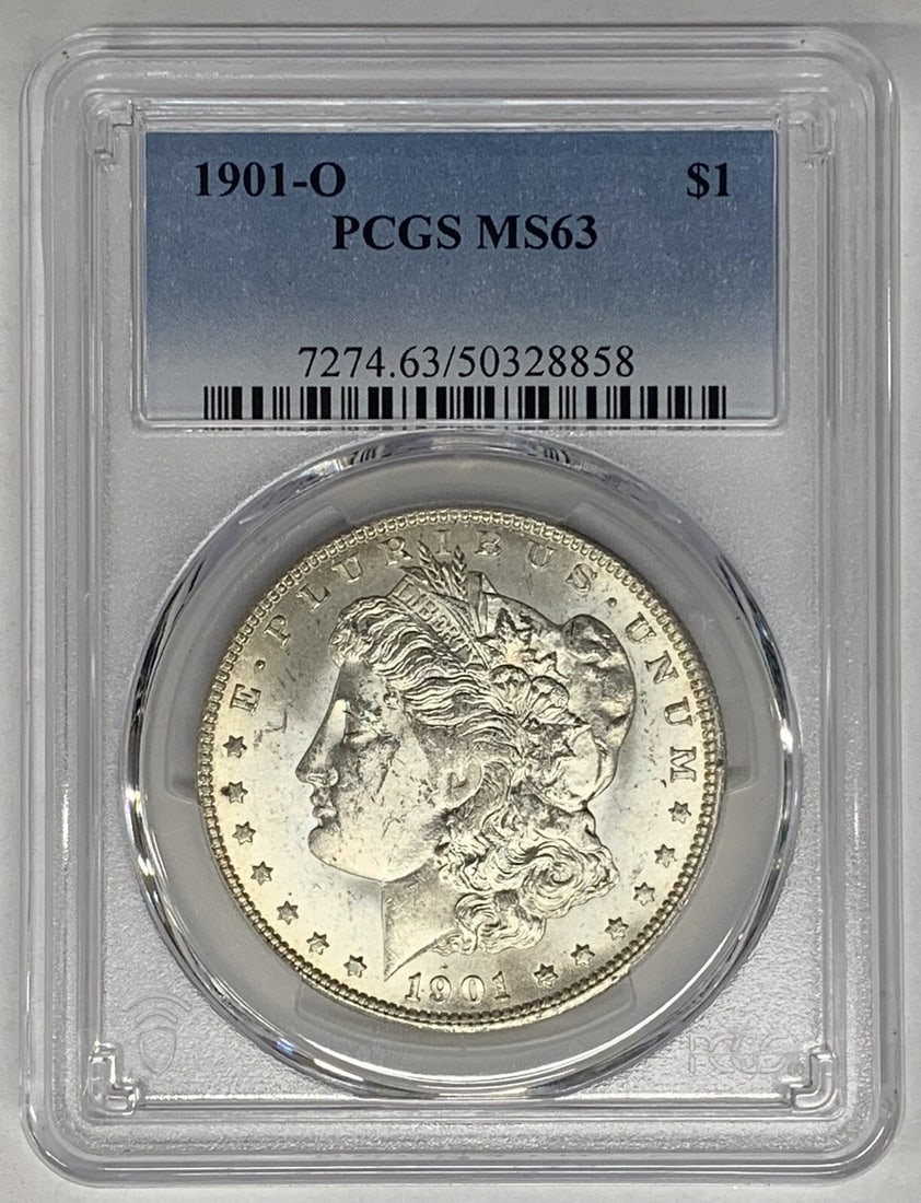 PCGS MS 63 1901-O Morgan Silver Dollar United States $1 Coin: PCGS MS 63 1901-O Morgan Silver Dollar United States $1 Coin This 1901-O Morgan Silver Dollar features an uncirculated condition and is graded MS 63 by PCGS. Struck in silver, this pre-owned coin