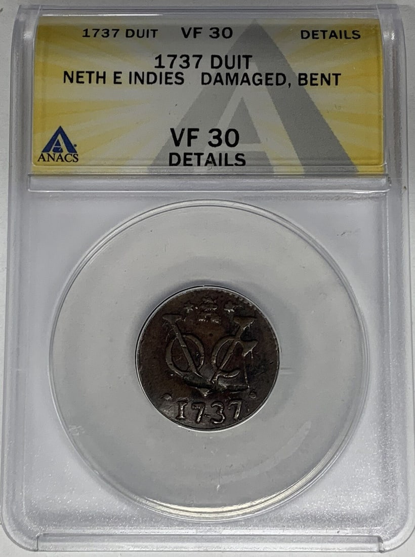 1732 Copper Duit Coin from Netherlands East Indies ANACS VF 30 Details: 1732 Copper Duit Coin from Netherlands East Indies ANACS VF 30 Details This 1732 Netherlands East Indies Duit coin is composed of copper and has been certified by ANACS with a grade of VF 30 Details.
