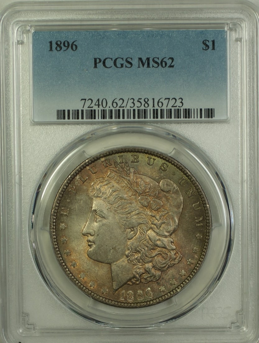 PCGS MS62 1896 Morgan Dollar Silver Coin With Toning: PCGS MS62 1896 Morgan Dollar Silver Coin With Toning This 1896 Morgan Silver Dollar features a $1 denomination and is certified by PCGS with a grade of MS-62. The coin is uncirculated and exhibits a