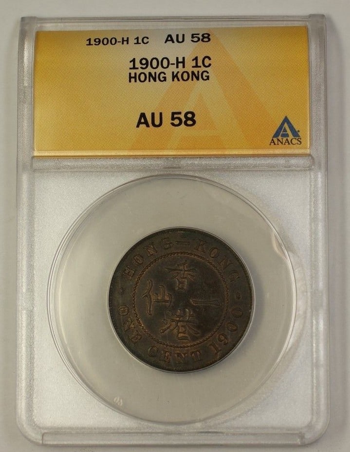Bronze 1900-H 1 Cent Hong Kong Coin ANACS AU 58: Bronze 1900-H 1 Cent Hong Kong Coin ANACS AU 58 This is a 1900-H Hong Kong Large Cent 1c coin composed of bronze. It has been graded AU-58 (Almost Uncirculated) by ANACS. The coin is in pre-owned cond