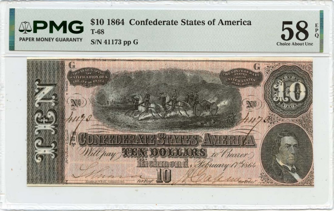 PMG AU58 Certified 1864 Confederate States of America Ten Dollar Note (1 of 2)