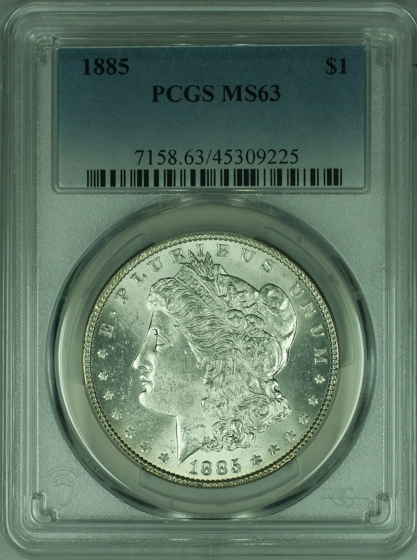 PCGS MS-63 1885 Morgan Dollar Silver Coin Philadelphia Mint: PCGS MS-63 1885 Morgan Dollar Silver Coin Philadelphia Mint This 1885 Morgan Silver Dollar is certified by PCGS with a grade of MS-63, indicating an uncirculated and well-preserved condition. Minted i
