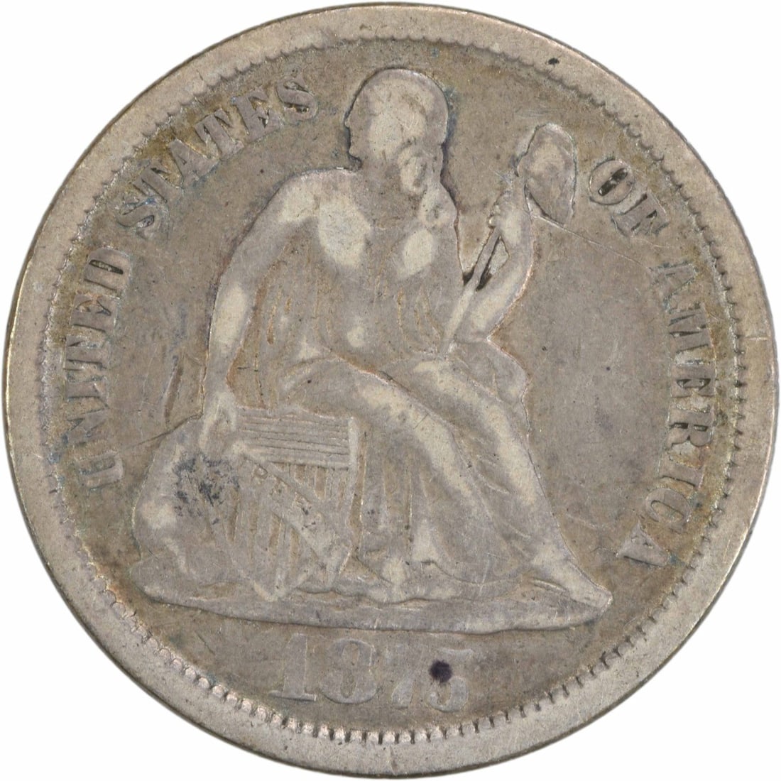 1875-CC Liberty Seated Silver Dime 10C Uncertified F Grade: 1875-CC Liberty Seated Silver Dime 10C Uncertified F Grade This 1875-CC Liberty Seated Silver Dime features a beautiful design by Christian Gobrecht, showcasing the classic Seated Liberty motif. Minte