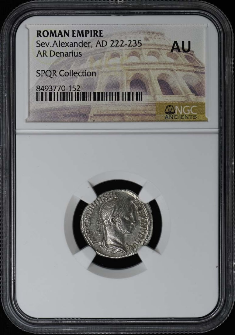 AR Denarius Coin NGC AU50 Ancient Roman Empire Severus Alexander: AR Denarius Coin NGC AU50 Ancient Roman Empire Severus Alexander This is a Roman Empire AR Denarius from the reign of Severus Alexander, dating from AD 222-235. The coin has been certified and graded