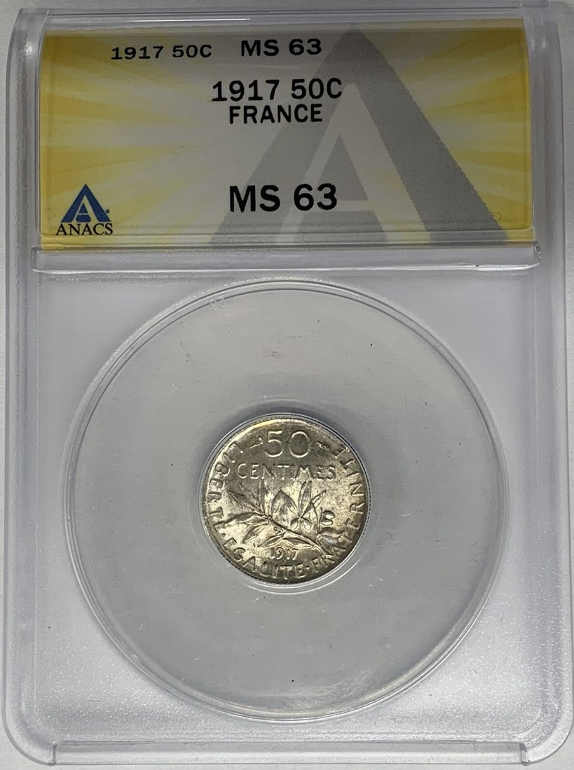 1917 French 50 Centimes Silver Coin ANACS MS 63 Certified: 1917 French 50 Centimes Silver Coin ANACS MS 63 Certified This 1917 France 50 Centimes coin is composed of silver and has been certified by ANACS with a grade of MS 63. It is in uncirculated condition
