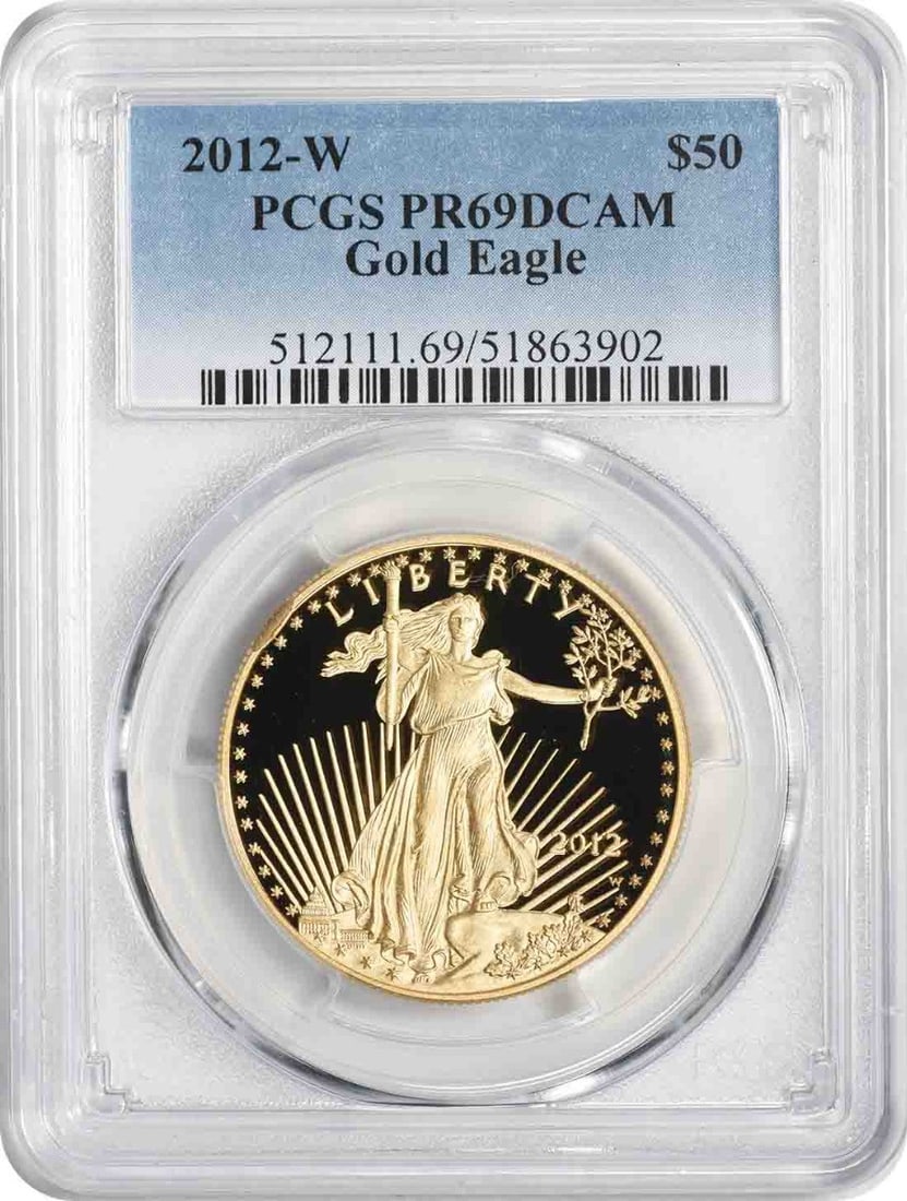 2012-W $50 American Gold Eagle PR69DCAM Limited Mintage Coin: 2012-W $50 American Gold Eagle PR69DCAM Limited Mintage Coin This 2012-W $50 American Gold Eagle is a stunning piece, graded PR69DCAM by PCGS, ensuring its premium quality and eye-catching appearance.