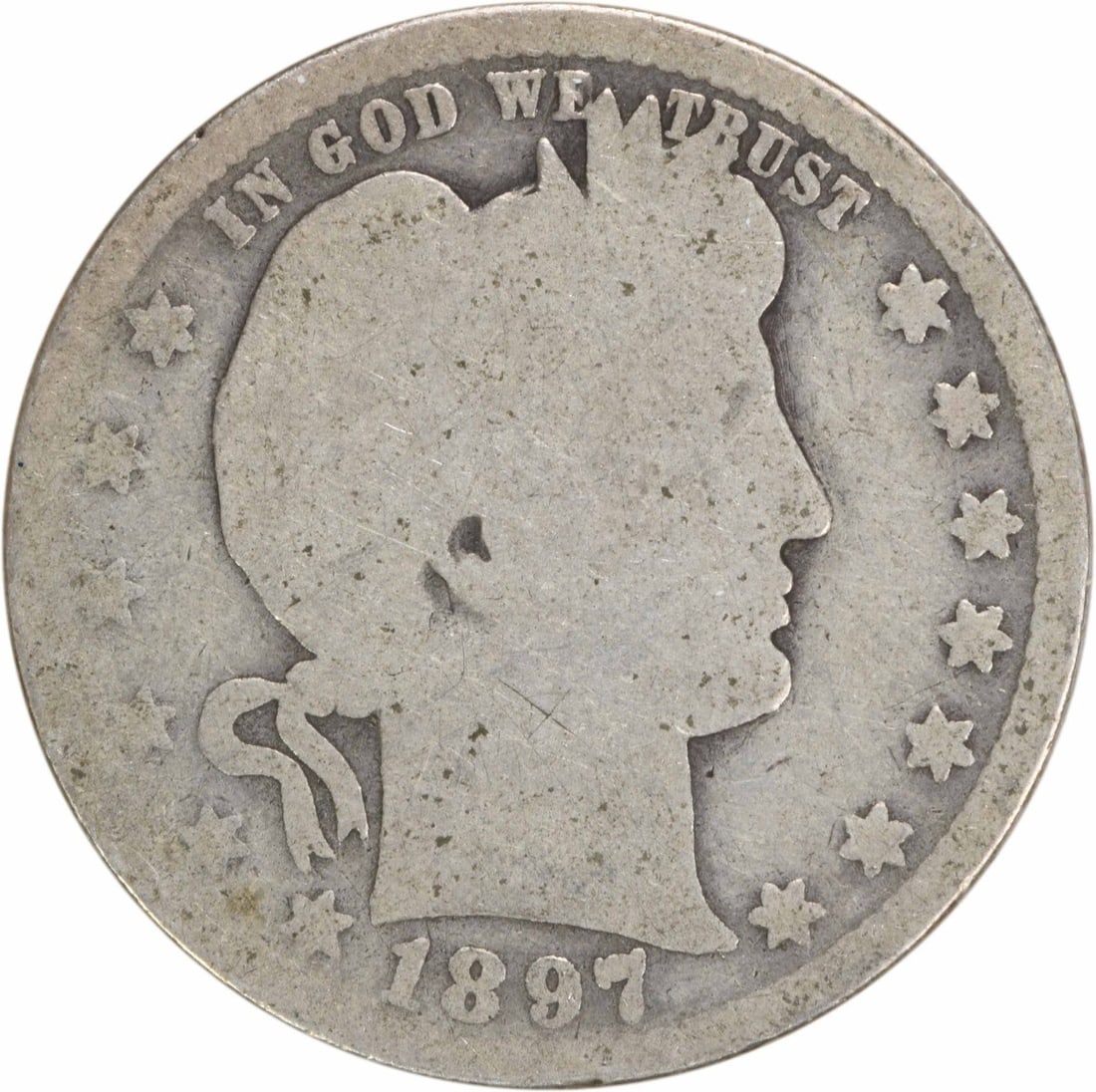 1897-O Barber Quarter 25C Silver Coin Uncertified: 1897-O Barber Quarter 25C Silver Coin Uncertified This 1897-O Barber Silver Quarter is a historical collectible from the United States, featuring the classic design by Charles E. Barber. Struck at