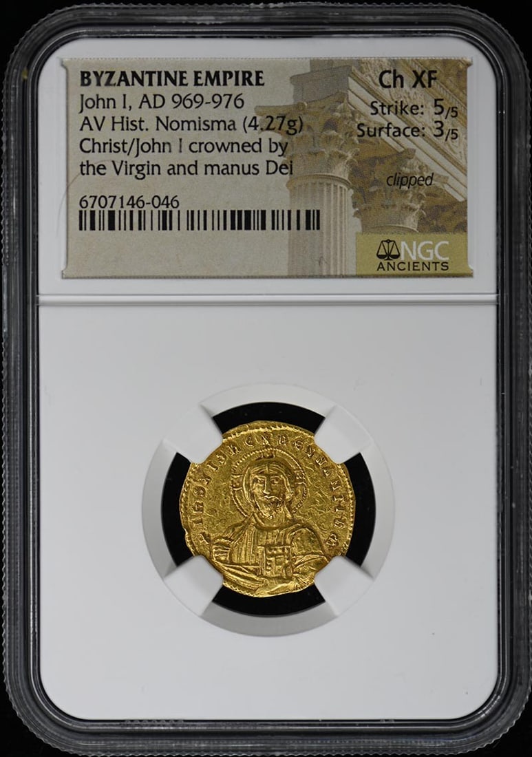Byzantine John I Nomisma Coin 4.27g NGC Certified Christ and Virgin: Byzantine John I Nomisma Coin 4.27g NGC Certified Christ and Virgin This is a Byzantine Histamenon Nomisma coin from the reign of John I, dating from AD 969-976. The coin is certified by NGC with a