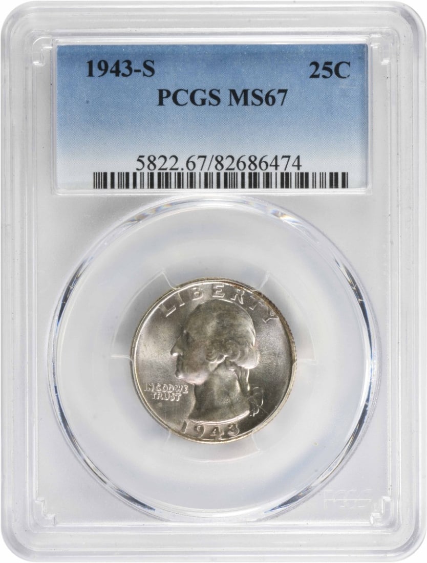 1943-S Washington Silver Quarter MS67 PCGS 90% Silver Uncirculated: 1943-S Washington Silver Quarter MS67 PCGS 90% Silver Uncirculated This 1943-S Washington Silver Quarter, graded MS67 by PCGS, is a stunning example of American coinage. Struck in San Francisco, this