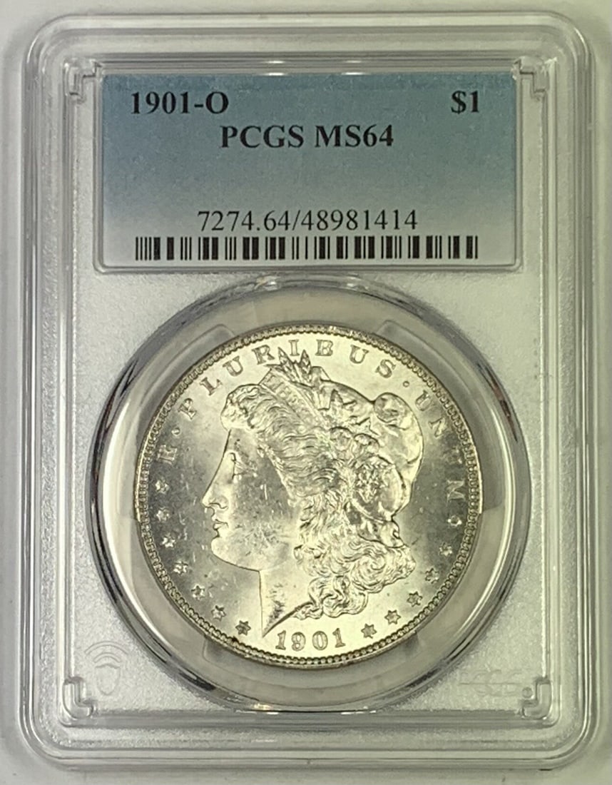 PCGS MS 64 1901-O Morgan Silver Dollar Uncirculated Coin: PCGS MS 64 1901-O Morgan Silver Dollar Uncirculated Coin This is a 1901-O Morgan Silver Dollar coin graded MS 64 by PCGS. The coin is uncirculated and composed of silver. It originates from the