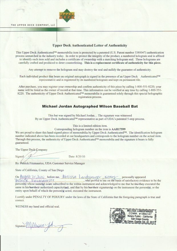 Michael Jordan Signed Wilson Baseball Bat Upper Deck Authentication - 10