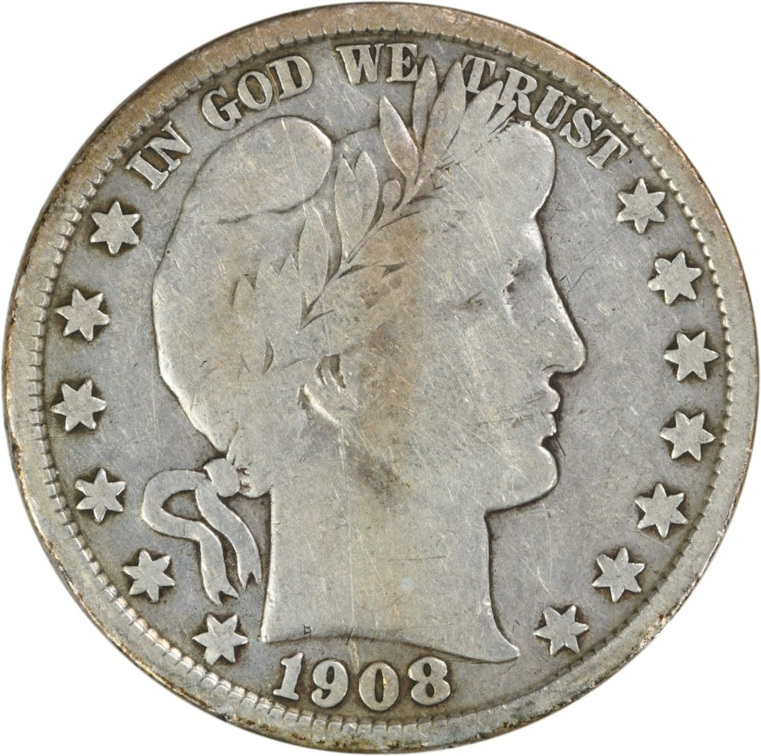 1908 San Francisco Barber Half Dollar 90 Percent Silver VG Uncertified Coin: 1908 San Francisco Barber Half Dollar 90 Percent Silver VG Uncertified Coin This 1908-S Barber Half Dollar is a circulated coin from the San Francisco Mint. Designed by Charles E. Barber, it is compos