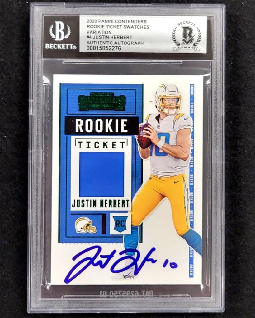 Justin Herbert 2020 Contenders Rookie Ticket Autographed Card BAS 10: Justin Herbert 2020 Contenders Rookie Ticket Autographed Card BAS 10 This is a signed 2020 Contenders Rookie Ticket Swatches RC card featuring Justin Herbert, the talented quarterback for the Los Ange