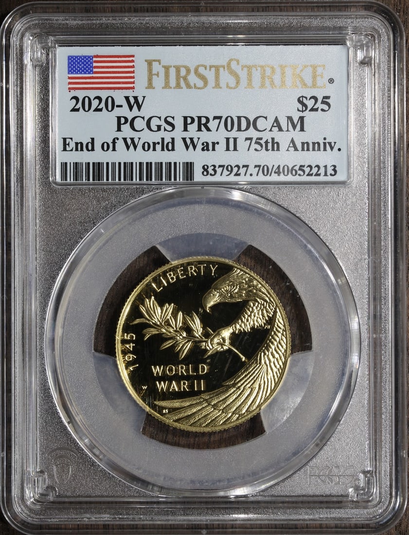 2020-W V75 1/2 oz Gold $25 PR70 PCGS End of WWII Proof Coin: 2020-W V75 1/2 oz Gold $25 PR70 PCGS End of WWII Proof Coin This 2020-W End of World War II 75th Anniversary gold coin is a U.S. commemorative issue with a $25 denomination. Struck in proof quality an