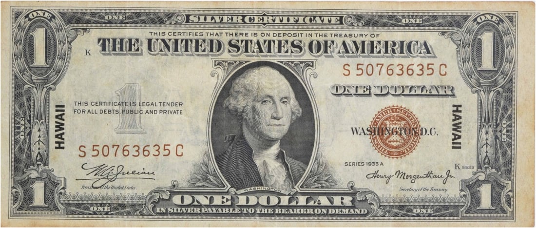 1935 $1 WWII Hawaii Emergency Issue Silver Certificate EF: 1935 $1 WWII Hawaii Emergency Issue Silver Certificate EF This 1935 A $1 WWII Emergency Issue Silver Certificate from Hawaii is an intriguing piece of history. Originating from the United States, this
