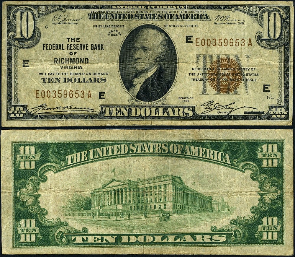 1929 $10 Federal Reserve Note Richmond E-A Block Circulated Fine (1 of 3)